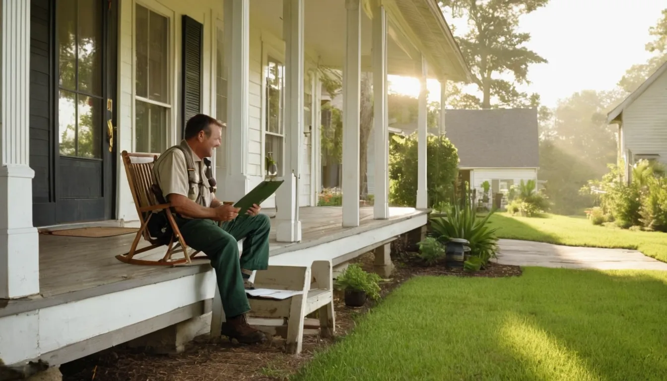A homeowner in Naperville talking with a pest control provider at the front door of a frame house